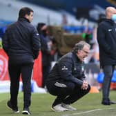 Marcelo Bielsa, manager of Leeds United, reacts during the Premier League match between Leeds United and Chelsea at Elland Road on March 13, 2021.