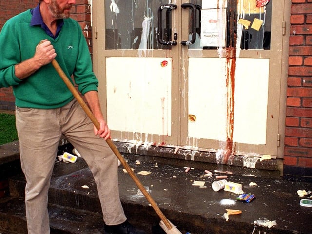 White Laith Primary School in Whinmoor was targeted by vandals in November 1997. Pictured is caretaker Ronald Lacey cleaning up.