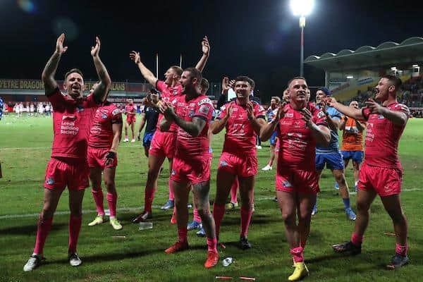 James Bentley, far right of picture, joins in celebrations after the win at Catalans. Picture by Manuel Blondeau/SWpix.com.