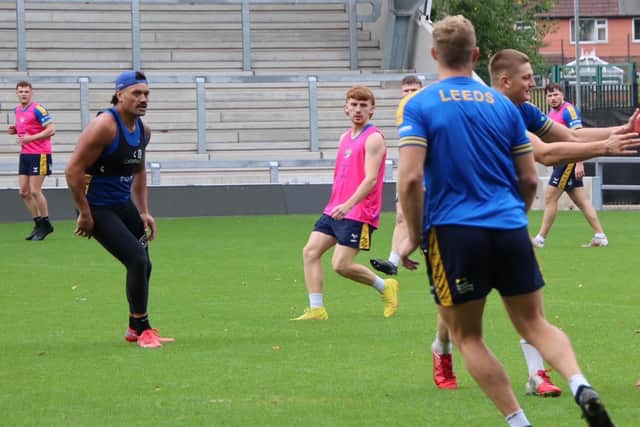 Kai Morgan, in pink bib, training with Rhinos' first team last season. Picture by Phil Daly/Leeds Rhinos.