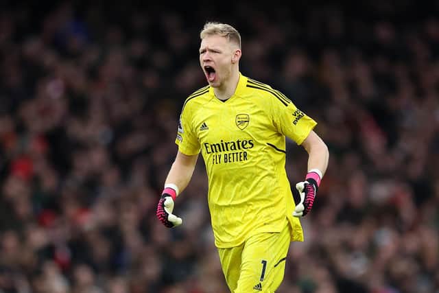 WARY: Arsenal keeper Aaron Ramsdale of the Leeds United threat. Photo by Julian Finney/Getty Images.