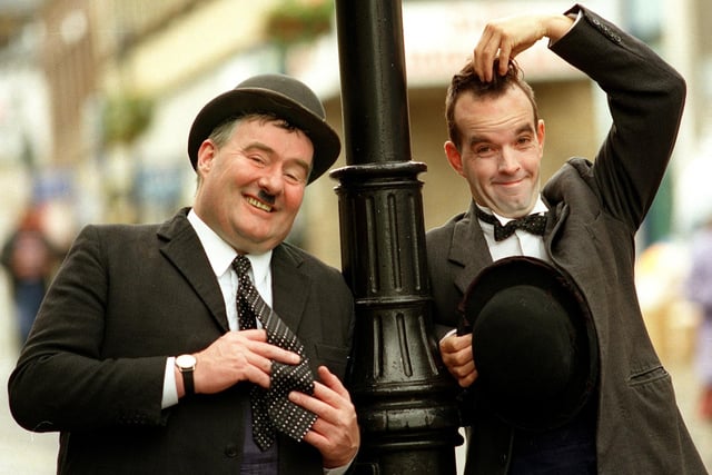 Laurel and Hardy look-a-likes -  Jim McClure as Oliver Hardy  and Gary Slade as Stan Laurel - opening a refurbished Morley market in September 1998.