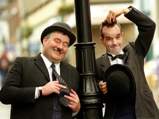 Laurel and Hardy look-a-likes - Jim McClure as Oliver Hardy  and Gary Slade as Stan Laurel - opening a refurbished Morley Market in September 1998.
