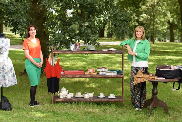 Fiona Bruce with items from the archives of Marks & Spencer at Roundhay Park in Leeds.