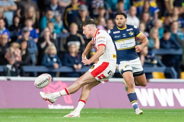 Lewis Dodd kicks the winning drop goal against Leeds in the last minute of golden-point extra-time at Headingley two months ago. Picture by Allan McKenzie/SWpix.com