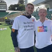 LEEDS BACKING - Leeds United captain Liam Cooper with ex-Rangers and Everton man Gary Stevens and son Josh at HBF Park in Perth. The Stevens family lost four-year-old Jack to a rare form of leukemia and have set up a Forever Four charity to support other families and raise awareness.