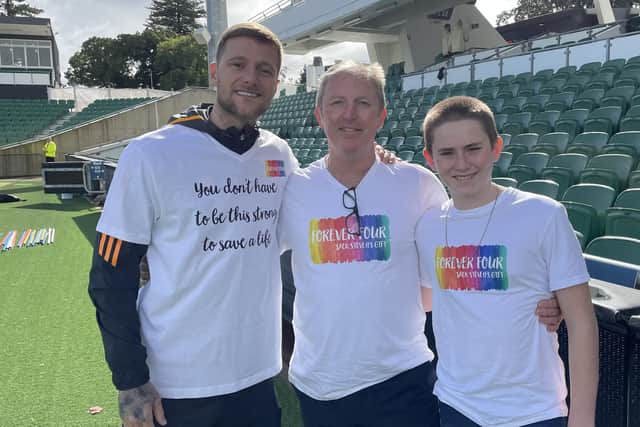 LEEDS BACKING - Leeds United captain Liam Cooper with ex-Rangers and Everton man Gary Stevens and son Josh at HBF Park in Perth. The Stevens family lost four-year-old Jack to a rare form of leukemia and have set up a Forever Four charity to support other families and raise awareness.