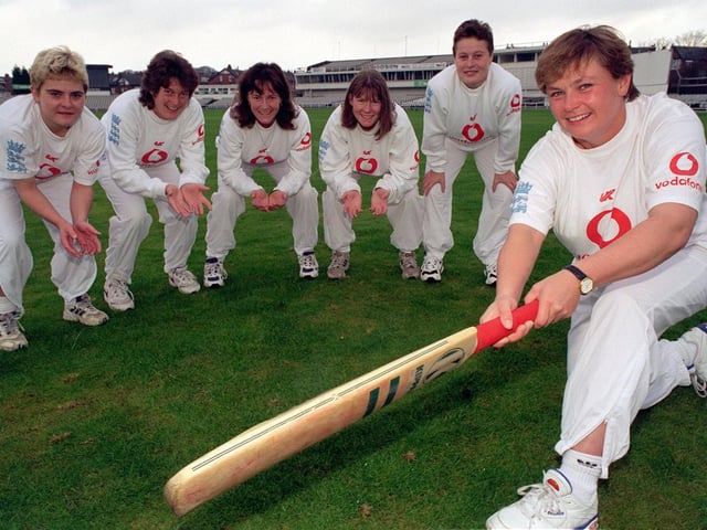 Yorkshire women's cricketers celebrate after being picked for the England World Cup team in 1997. Pictured, from left, are Melissa Reynard, Helen Plimmer, Clare Taylor, Kathryn Leng, Bev Nicholson and Sue Metcalfe.