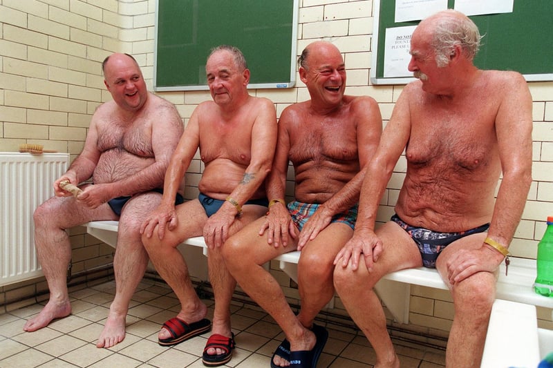 Relaxing after a session in the newly opened Russian Steam Room at Bramley Baths in August 1999 are Richard Howlings, George Wright, Gerald Ingham and Geoff Lister.