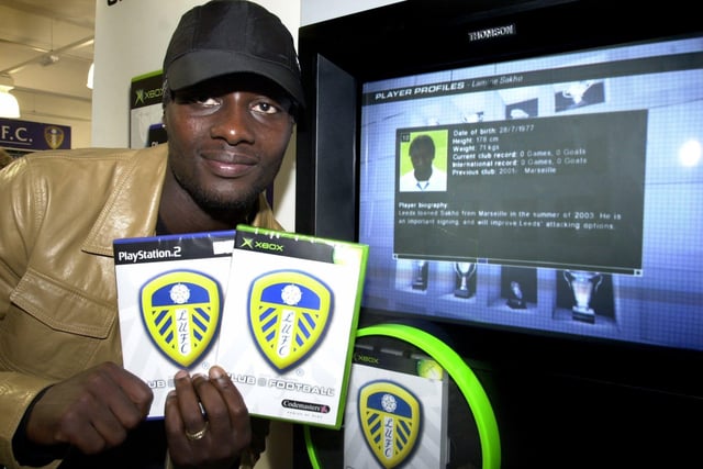 Leeds United player Lamine Sakho launches a new united computer game at the club's city centre store, on October 9, 2003.