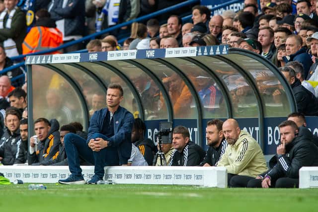 Jesse Marsch and staff in the dugout.
Leeds United v Fulham FC. Premier League. Elland Road Stadium
23 October 2022.  Picture Bruce Rollinson