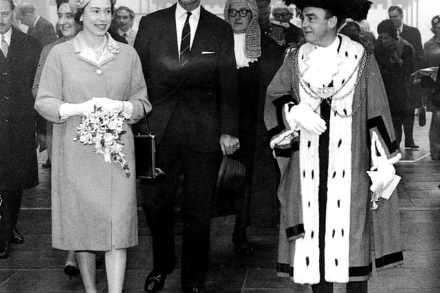 The Queen and Prince Philip with the then Lord Mayor of Leeds Alderman W. R. Hargrave at Seacroft Civic Centre in 1965.