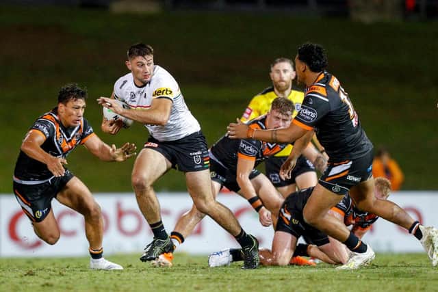 Billy Tsikrikas, seen on the ball for Penrith Panthers in a pre-season game against Wests Tigers in 2020, is setr to make his Castleford debut away to Hull KR. Picture by David Neilson/Getty Images.