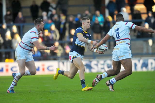 Ash Handley started at full-back for Rhinos against Wakefield, but did not feature in the second half. Picture by Steve Riding.