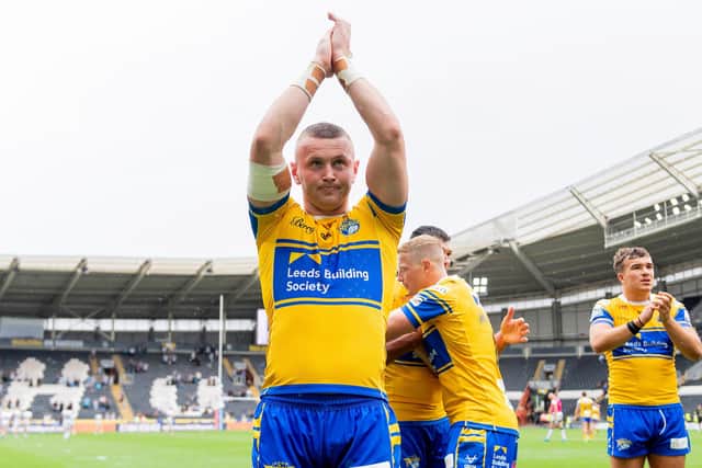 Jubilant scenes as Leeds Rhinos, led by Harry Newman, celebrated their win at Hull FC were in contrast to their previous visit 14 months earlier. Picture by Allan McKenzie/SWpix.com.
