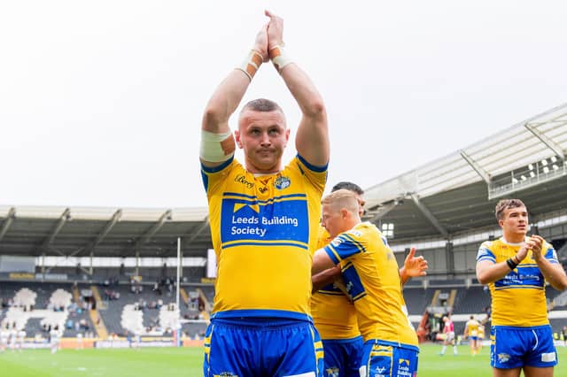 Jubilant scenes as Leeds Rhinos, led by Harry Newman, celebrated their win at Hull FC were in contrast to their previous visit 14 months earlier. Picture by Allan McKenzie/SWpix.com.