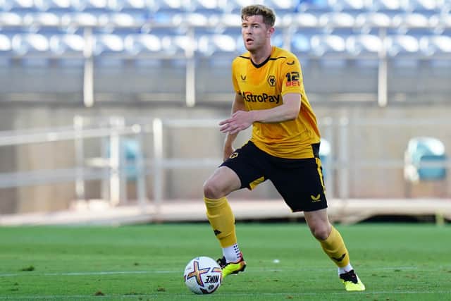 FARO, PORTUGAL - JULY 30:  Nathan Collins of Wolverhampton Wanderers FC in action during the Pre-Season Friendly match between Wolverhampton Wanderers and Sporting CP at Estadio Algarve on July 30, 2022 in Faro, Portugal.  (Photo by Gualter Fatia/Getty Images)
