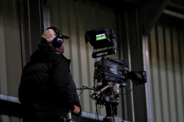 SALFORD, ENGLAND - AUGUST 29: A detailed shot of a camera man during the Carabao Cup Second Round match between Salford City and Leeds United at Peninsula Stadium on August 29, 2023 in Salford, England. (Photo by Jess Hornby/Getty Images)