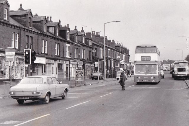 A bustling Dewsbury Road in November 1979.