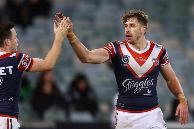 Paul Momirovski celebrates scoring for the Roosters against Canberra Raiders in 2022. Picture by Mark Nolan/Getty Images.