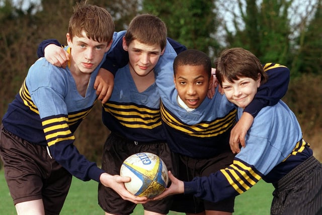Rugby players at Carr Manor High School in December 1999. Pictured, from left, are Robert Gidman, Steven Wood, Jermain Ogunbiyi and Tony Leatham.