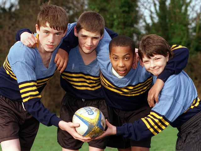 Rugby players at Carr Manor High School in December 1999. Pictured, from left, are Robert Gidman, Steven Wood, Jermain Ogunbiyi and Tony Leatham.