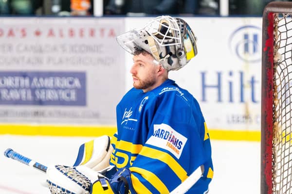 SETTING THE BAR: Leeds Knights' Sam Gospel once again led the way for netminders in NIHL National, helping his team to a third straight league title and a first-ever National Cup. Picture: Kev Bland/Knights Media.