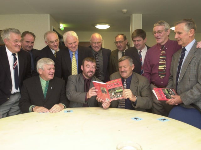 Wakefield MP David Hinchcliffe (middle) launches his book, Rugby's Class War, at Wakefield Trinity's ground, with help from Wakefield rugby veterans from the 1960s in October 2000.