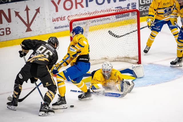 TOP MAN: Leeds Knights netminder Sam Gospel picked up the man-of-the-match award on both nights at the weekend, helping his team to wins on the road at leaders Swindon Wildcats and at home to Milton Keynes Lightning. Picture: ben Gordon/Knights Media.