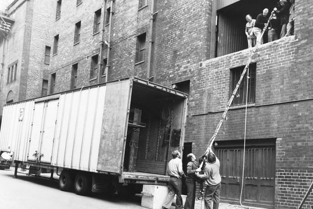 Unloading theatre gear at Leeds Grand in April 1976.