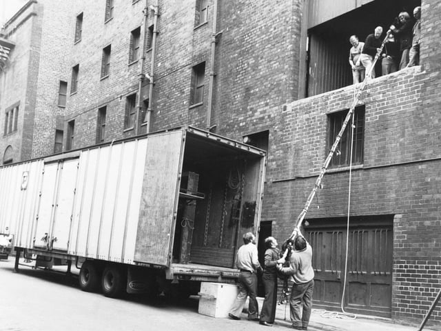Unloading theatre gear at Leeds Grand in April 1976.
