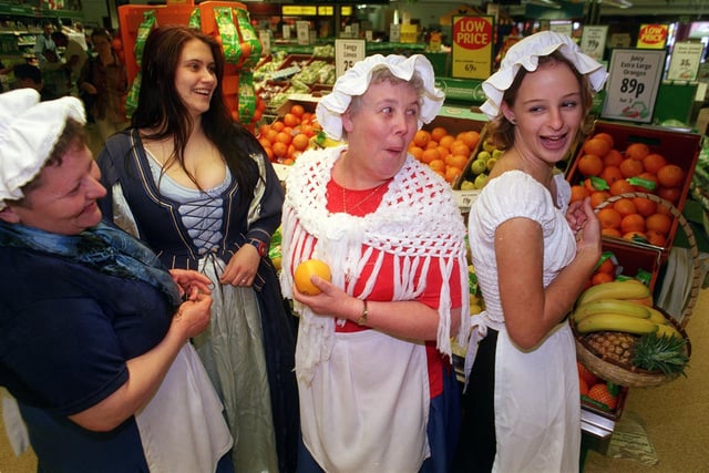 Shop assistants at Morrisons' Hunslet store were decked in traditional dress in June 1999 to mark the supermarket's 100th birthday. Pictured, from left, are Judith Dyson, Vicky Twidle, Carol Loughlan and Catherine Hiley.