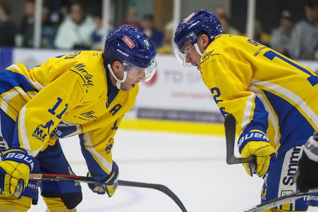 GOOD WEEKEND: Leeds Knights' Matt haywood and captain Kieran Brown (right) scored two goals apiece as Leeds Knights made hard work of beating bottom team Bristol Pitbulls Picture: Stephen Cunningham/Knights Media.