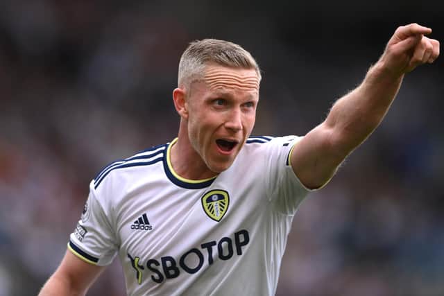LEEDS, ENGLAND - MAY 28: Leeds player Adam Forshaw makes a point during the Premier League match between Leeds United and Tottenham Hotspur at Elland Road on May 28, 2023 in Leeds, England. (Photo by Stu Forster/Getty Images)