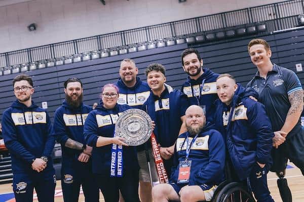 Leeds Rhinos with the 2023 Betfred Wheelchair Super League leaders' shield. Picture by Alex Whitehead/SWpix.com.