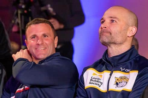Rhinos coach Rohan Smith, right, with Hull KR boss Willie Peters at this year's Super Leagues launch. Picture by Allan McKenzie/SWpix.com.
