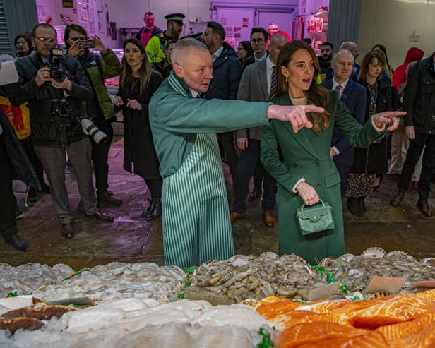 The Princess of Wales visits Leeds Kirkgate Market and speaks to fishmonger Stephen Myers, who has been trading in the market for more than 30 years