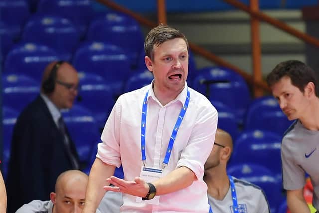 EBOLI, ITALY - OCTOBER 25: Michael Skubala coach of England gestures during the 2020 FIFA Futsal World Cup Main Round Group 4 match between Italy and England on October 25, 2019 in Eboli, Italy. (Photo by Francesco Pecoraro/Getty Images)