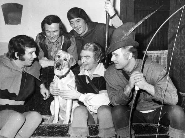 The Dallas Boys - described as 'Britain's first boy band' - in their dressing room in Leeds with their dog Petra in January 1971. Pictured are Nicky Clarke, Joe Smith, Stan Jones, Leon Fisk and Bob Wragg.