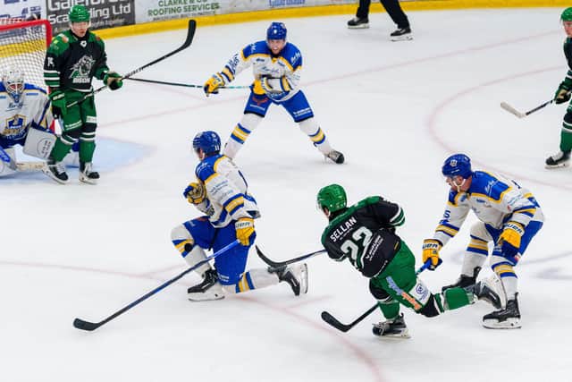 GAME-WINNER: Basingstoke's Brendan Sellan fires the winning goal in overtime to sink hosts Leeds Knights 3-2 on Saturday. Picture: Kev Bland/Knights Media.