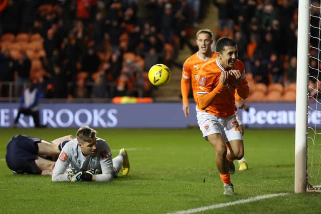 MILESTONE MOMENT: Leeds United attacker Ian Poveda celebrates netting his first goal for loan side Blackpool in Saturday's FA Cup victory against Nottingham Forest.  
Photo by Alex Livesey/Getty Images.