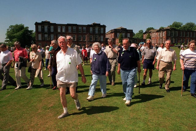 Walkers set off from Roundhay School  on the Great Hip and Knee Walk, a one-mile walk around Roundhay Park, in June 1997.