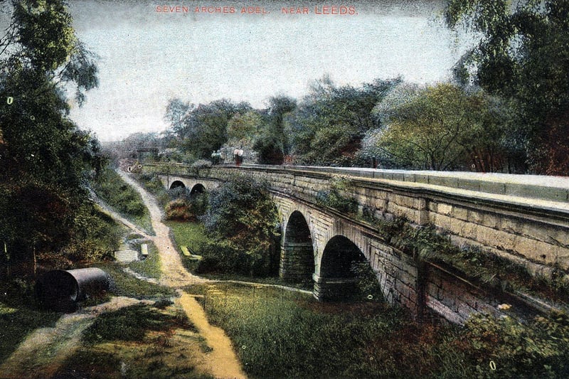 The Seven Arches aqueduct pictured in March 1909. It was  built of local gritstone with each arch spanning 34 feet.