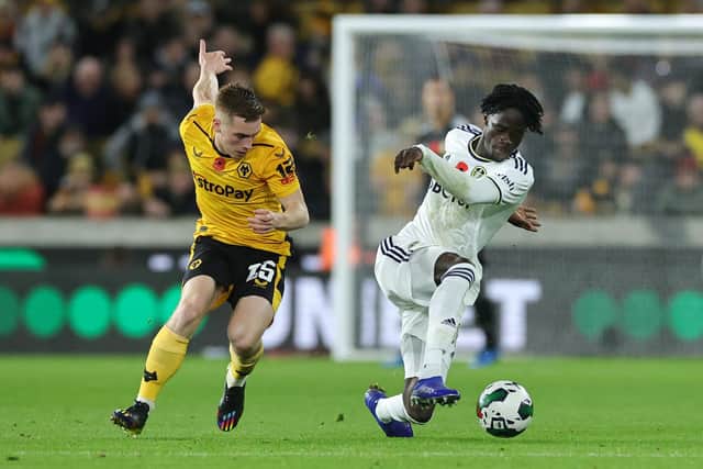 SIGHT TO BEHOLD: Leeds United youngster Darko Gyabi, right, driving forward from left back in training. Photo by David Rogers/Getty Images.
