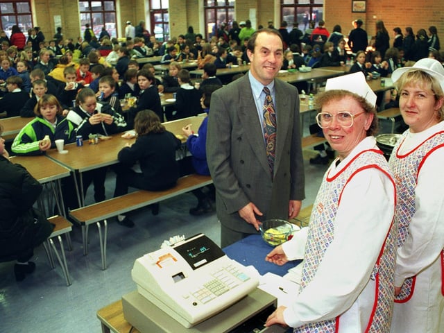 Morley High headteacher Dr Roland Walker and two of the school's dinner ladies, Patricia Williams (left) and Gillian Parnell in the newly-refurbished dining hall in December 1998.
