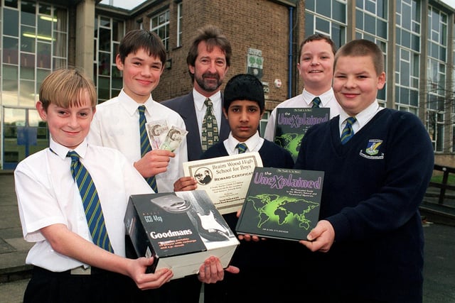 Pupils at Braim Wood High School hold their prizes awarded to them for good behaviour in December 1998. Pictured, from left, are Mark Fisher, Robert Brown, David Fitzmorris (deputy head), Ishtiaq Ali, Keith Butler and Daniel Hargreaves.