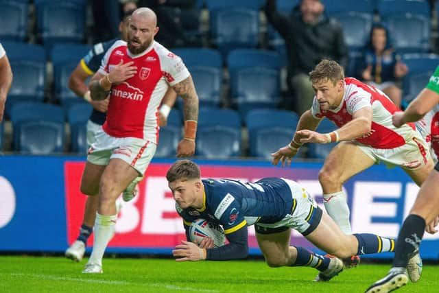 Corey Johnson scored his first try for Rhinos, but that wasn't enough to save them from defeat by Hull KR. Picture by Bruce Rollinson.