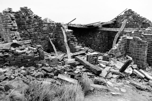 Top Withen,  also known as Top Withins, a ruined farmhouse which is said to have been the inspiration for the location of the Earnshaw family house Wuthering Heights in the 1847 novel of the same name by Emily Brontë. Pictured in April 1972.