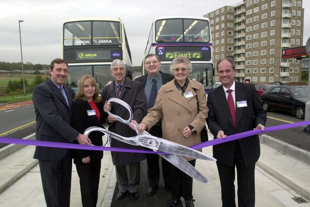 Guided bus lane opens on York Road, from left, Steve Graham, Joann Clayton of Face of East Leeds, Coun Brian Walker, Leader Leeds City Council, Coun Mick Lyons, Joan Mannion, Face of East Leeds sand Bob Davies on November 15, 2001.
