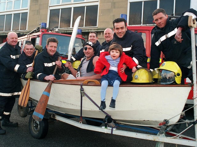 Firefighters from Green Watch at Bramley Fire Station were aiming to raise money for young Cerebral Palsy sufferer Hope Salter in January 1999. The group were organising a barrel push from Leeds to Dublin. Pictured, back row from left, are Adrian Murray, Alan Mitchell, Ron Taverner and Andy Ingham. Front row, from left, are Ian Cawood, Mark Collingwood, Chris Pearse, Paul Reynolds and Hope Salter.